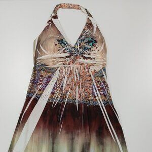 CHRISTINA LOVE Multicolor Halter Dress Women's Size L Rhinestone Front XLong